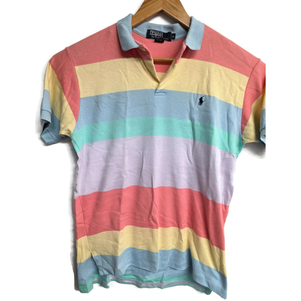 Vintage Polo Ralph Lauren Pastel Stripe Polo Shirt Mens Large Made in USA Cotton